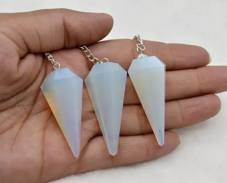 Opal Faceted Cone Pendulum with Chain Healing Dowsing Crystal Pendulum Spiritual Energy Jewelry Gift Hexogen Reiki Stone