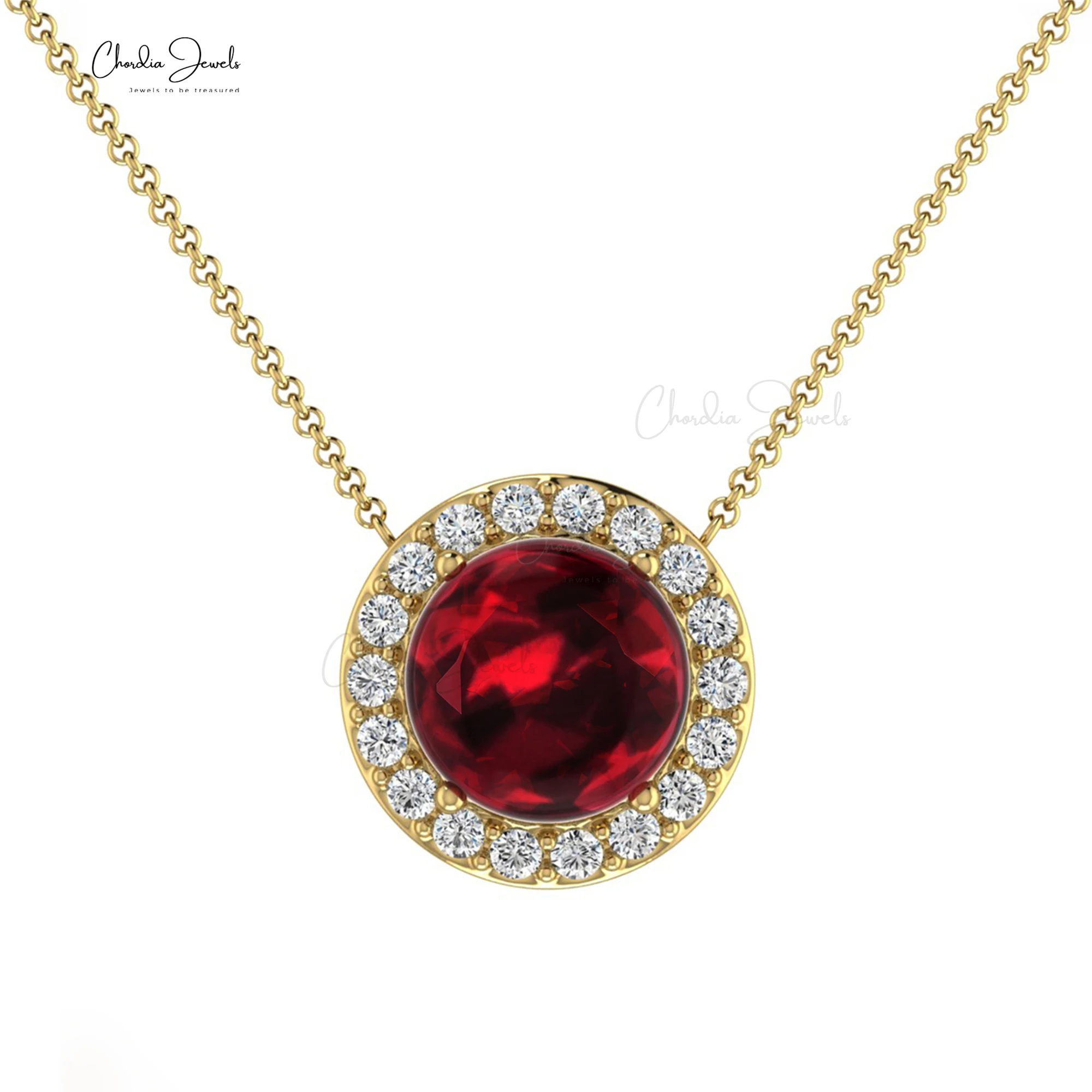 Trendy Garnet Gemstone Necklace White Diamond Solitaire Necklace 14k Solid Gold Round Cut Gemstone Necklace Wholesale Price