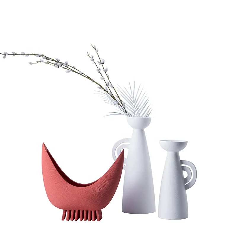 Modern Simple Home Furnishing Retro White Ceramic Flower Vases Red Sculptures Decoration Pottery Decoration