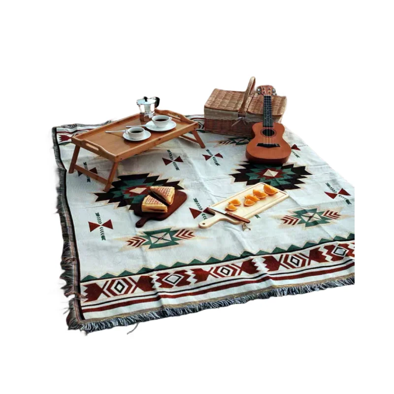 Camping Accessories Portable Bohemian Boho Hiking Acrylic Tassels Leather Strap Printed Picnic Mat