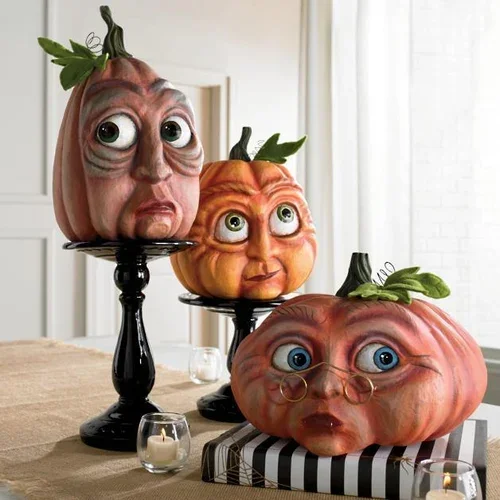 Halloween Great Haunted House Decor Expressive Pumpkin Family With 3D Face Funny Resin Pumpkin Statue