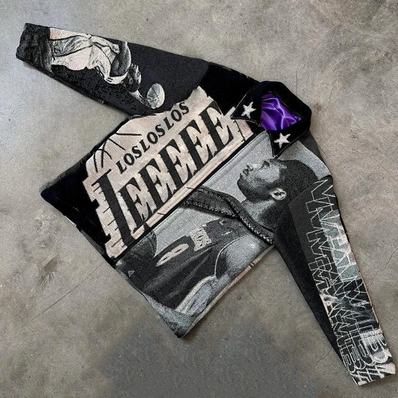 Clothing supplier Low MOQ Custom satin lined anime cotton jacquard woven men tapestry jacket