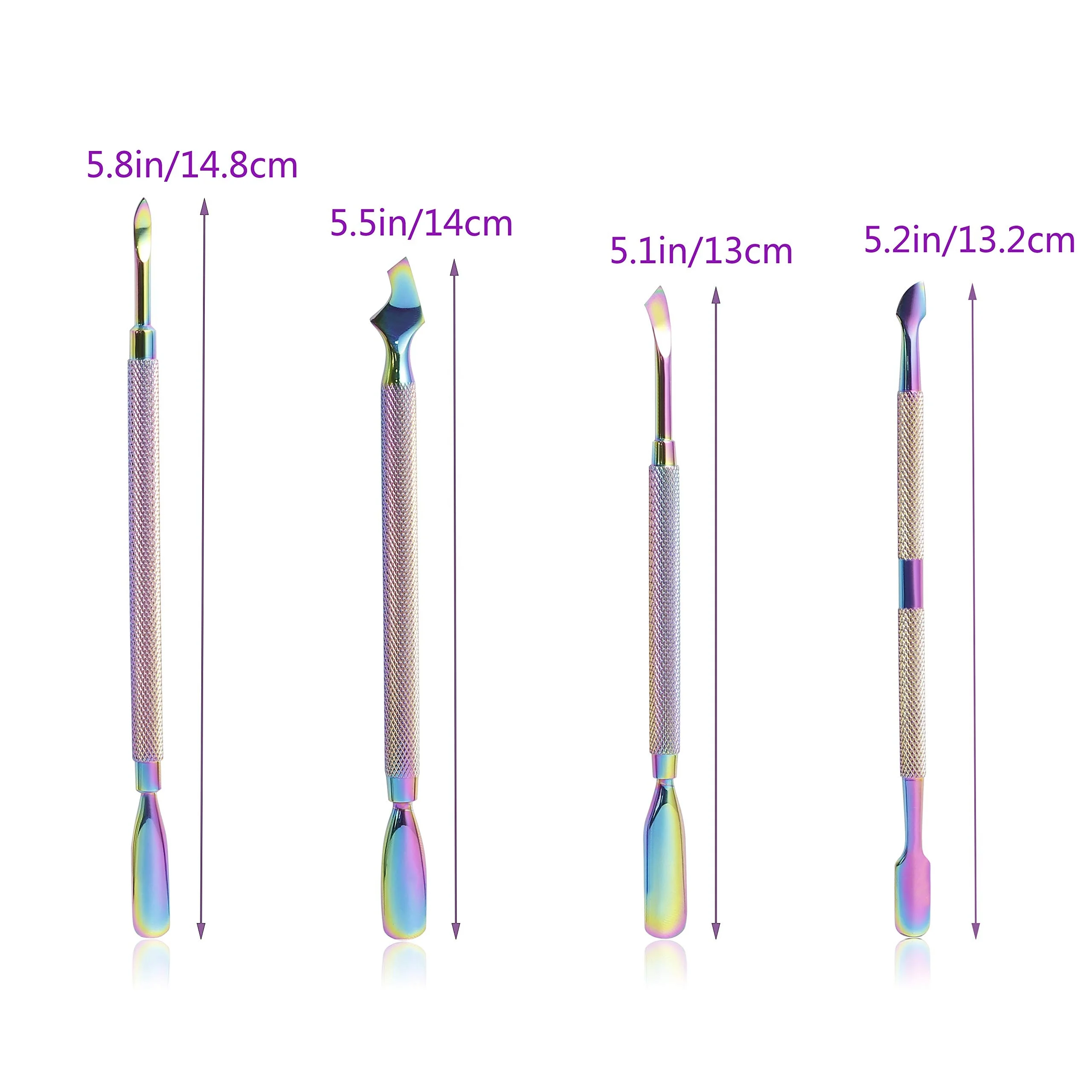 Rainbow 4pcs Spoon Pusher Knife Head Bell Shape Curve Head Double ended Nail Polish Remover Cuticle Nail Pusher Scraper Tool Set