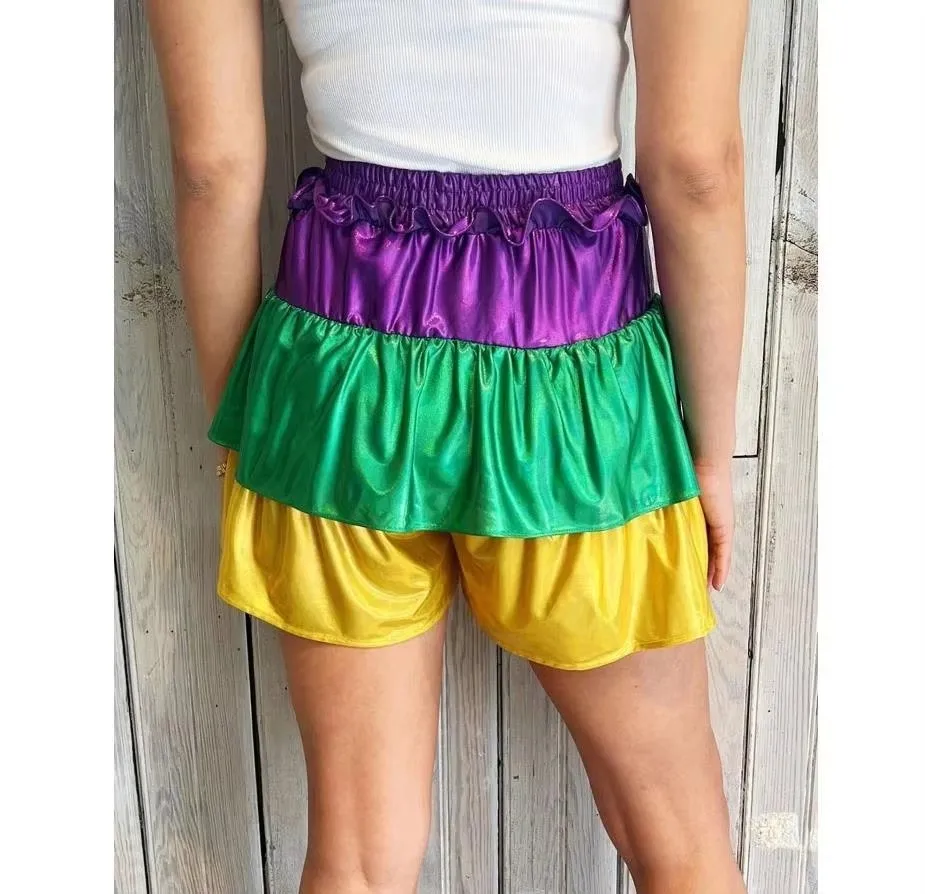 Purple Gold Green Patchwork Satin Ruffle Baggy Shorts For Women Mardi Gras Apparel Culotte Shorts