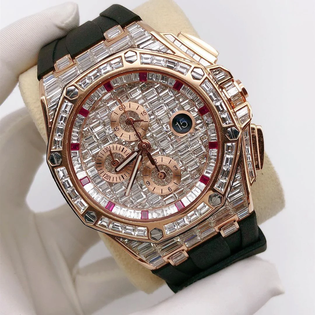 High Demand Latest Design VVS Moissanite  Diamond Watch Men Women Mechanical Movement Glass Dial Window Day Function Factory
