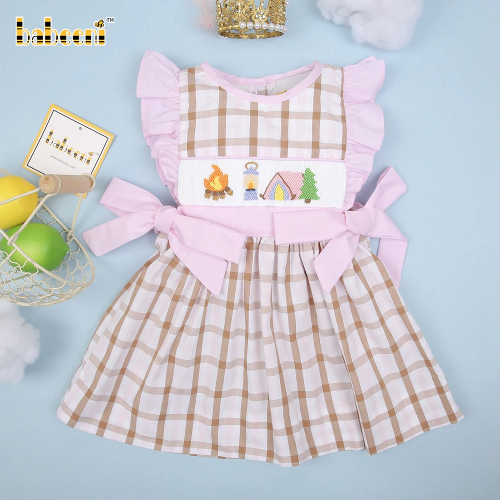 Camping hand smocked plaid dress ODM customized hand made embroidery wholesale smocked dresses - BB2922