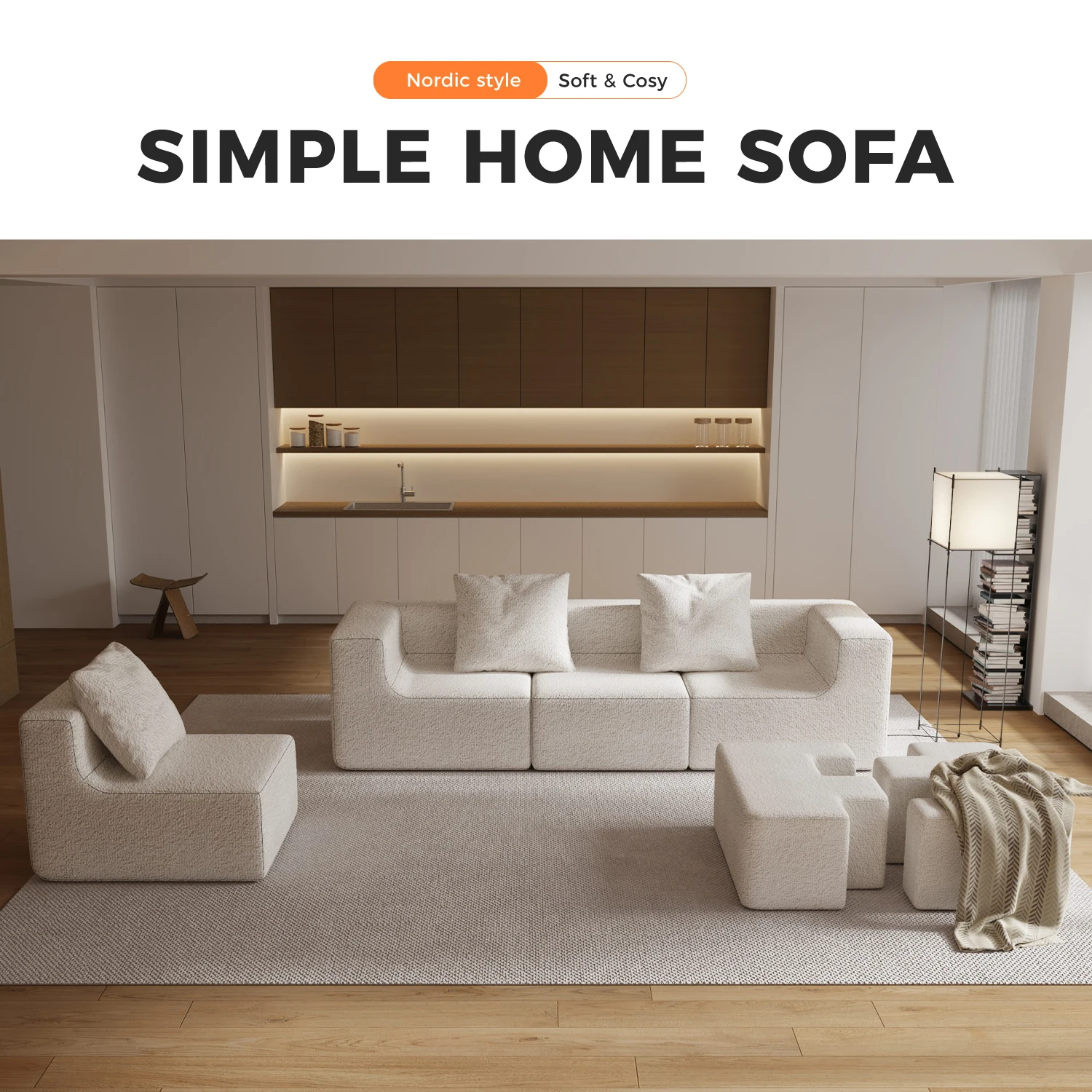 Glam Style Ottoman Upholstered Reversible Chaise Modular Sectional Couch Minimalist Style Comfy 4-Seat Corner Couch
