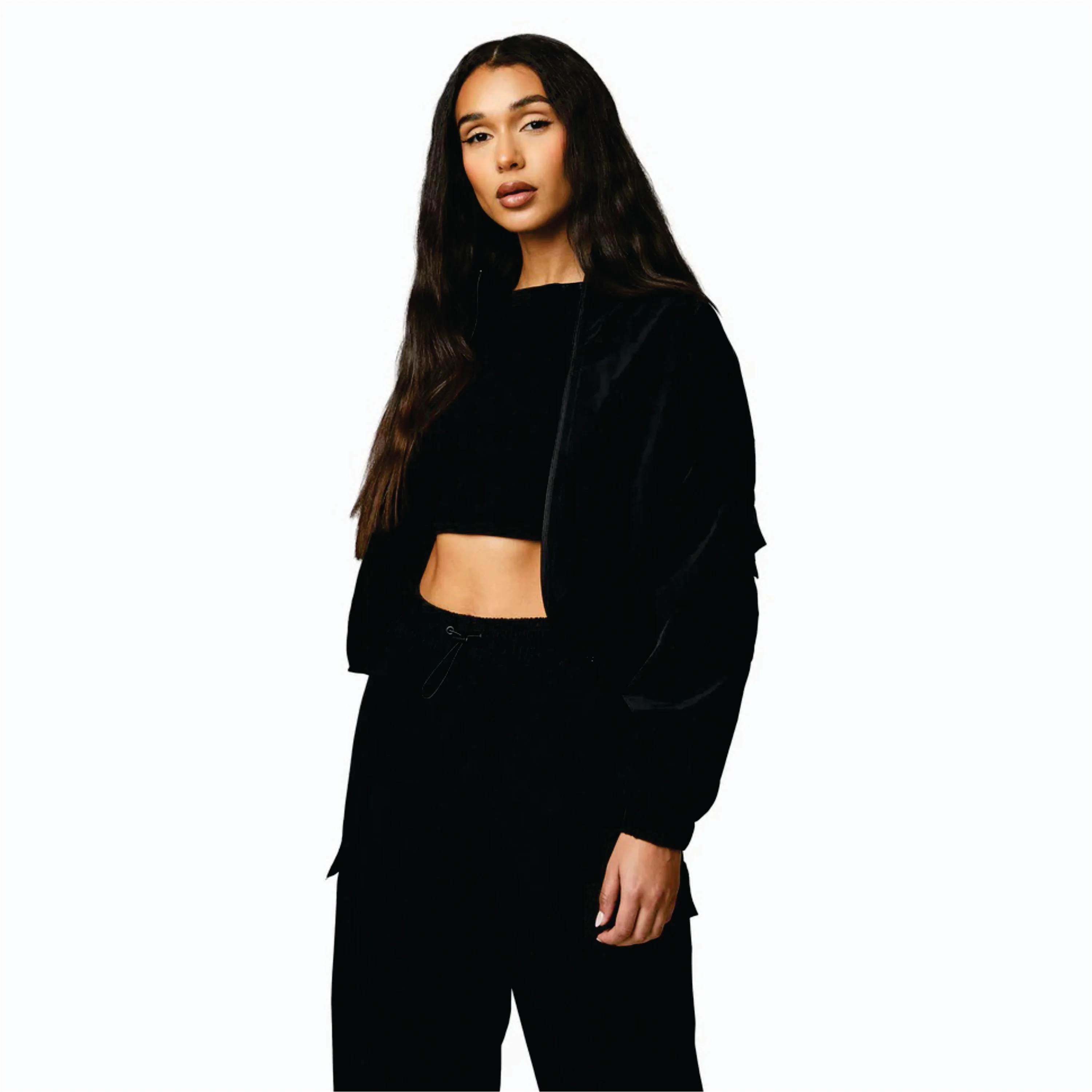 Relaxed Fit 85% Polyamide 15% Elastane Black Utility Woven Cargo Top & Pant Womens Tracksuit