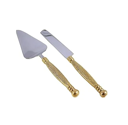 Sleek, Modern Gold Handles Add Sophistication To Both The Cake Cutter And Server Of This Wedding Cake Serving Set.