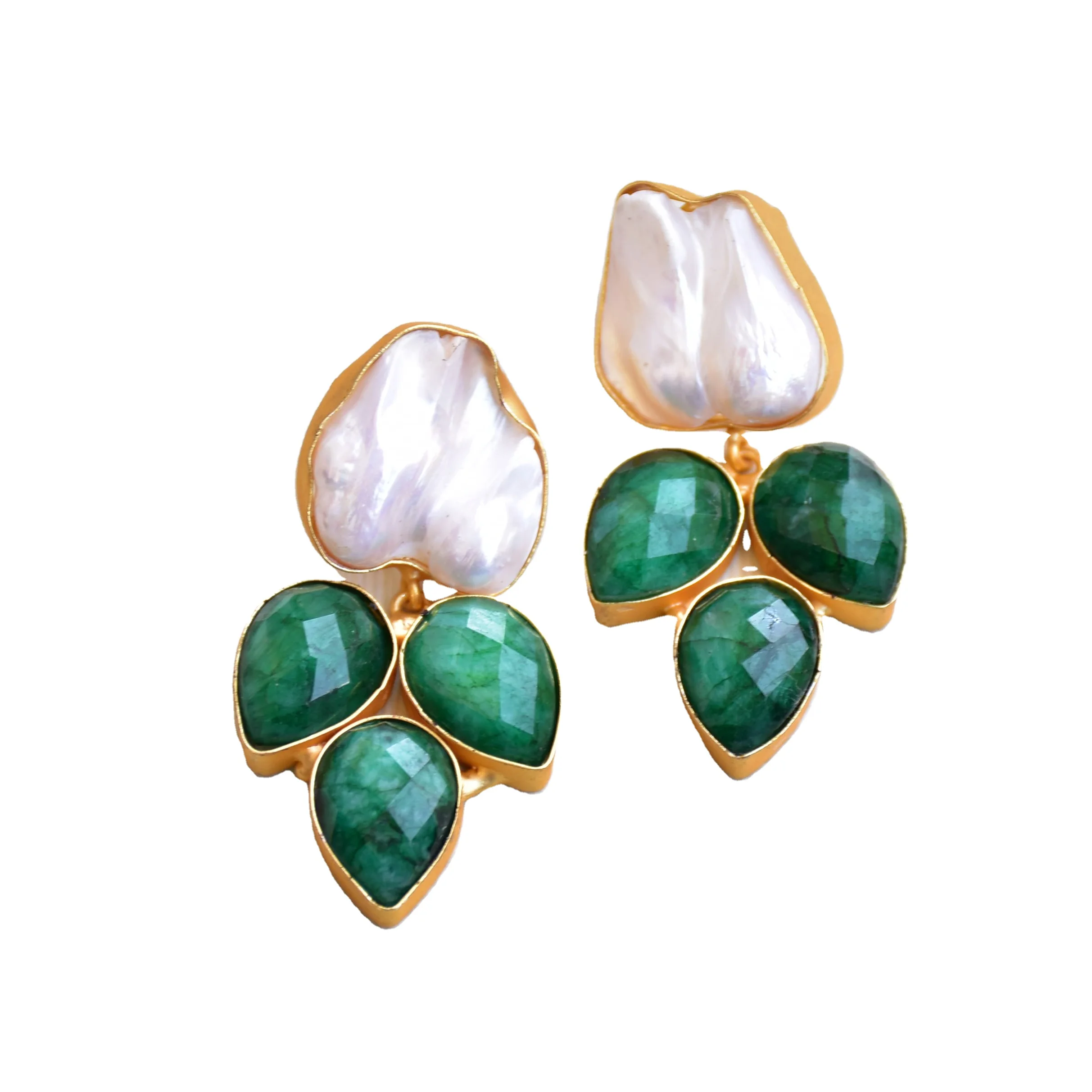 Green Statement Earrings with Pearl baroque drop Jewelry Model for Women Gold Plated Handmade dangle earring Stud Unique design