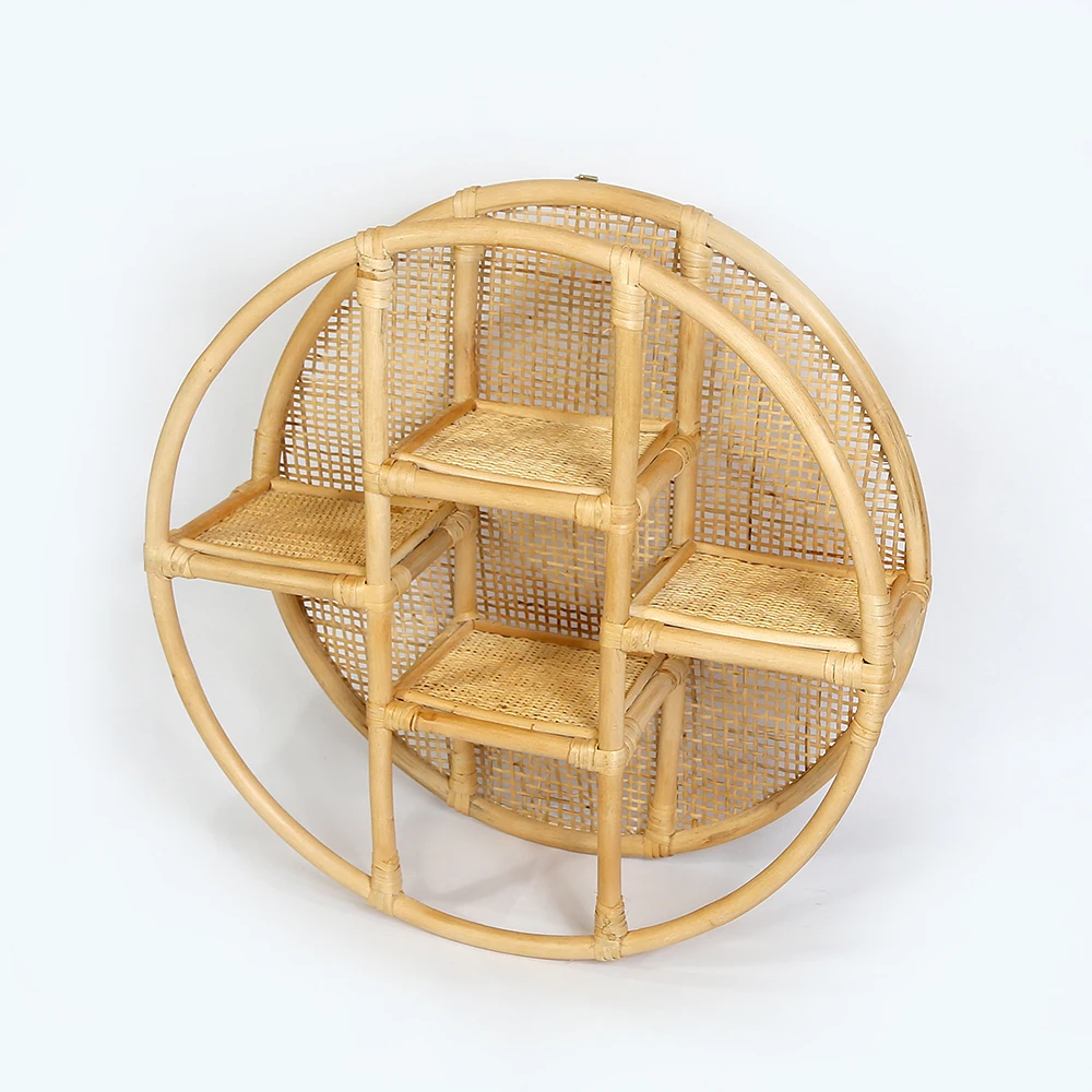Handcrafted Natural round Rattan Wall Shelf Rack Small Nursery Decorative Hanging Shelves Made Wood Plastic Amazon FBA Vietnam