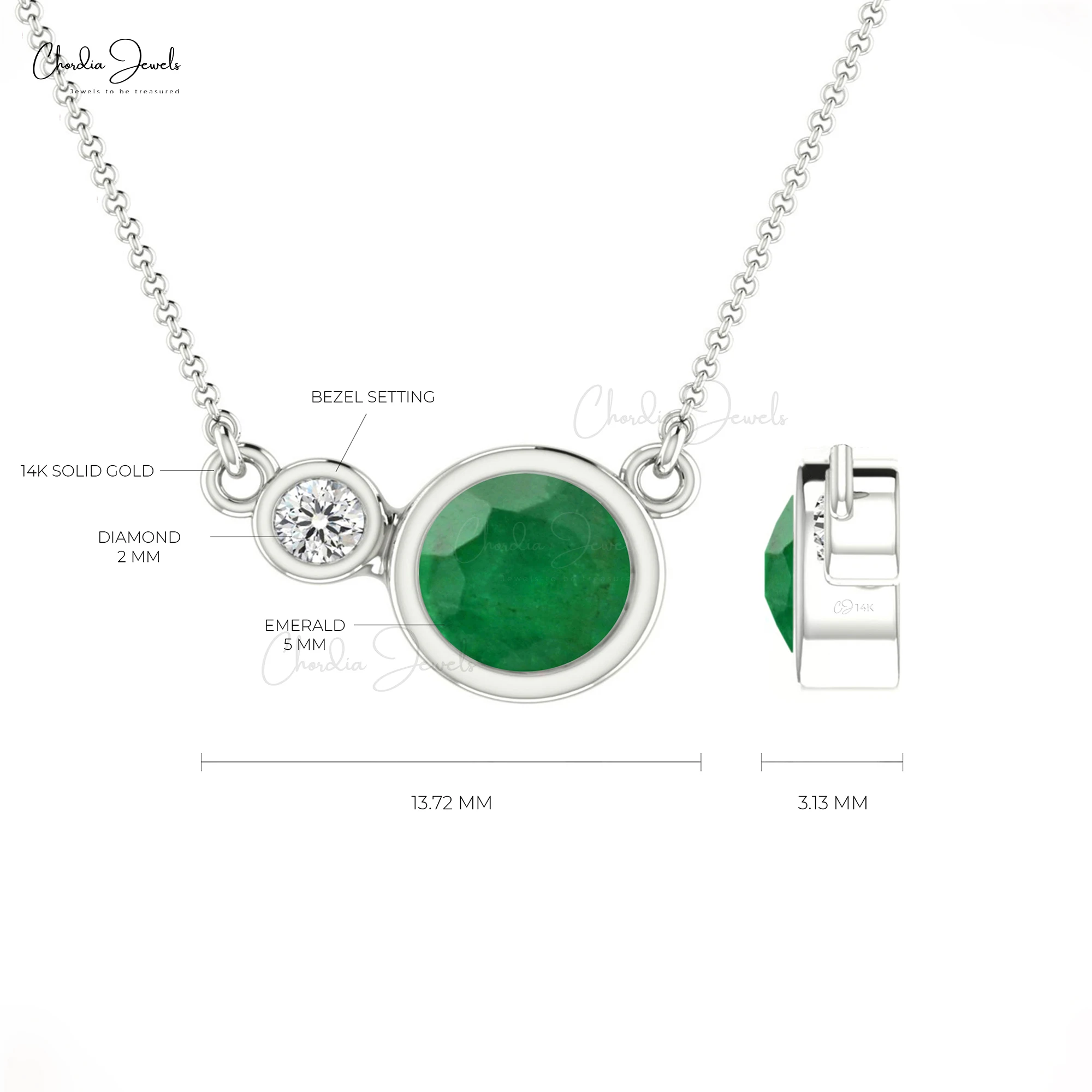 Newest Design Natural 5mm Emerald Gemstone Necklace 14K Real Gold Diamond Accented Necklace Bezel Set Necklace At Discount Price