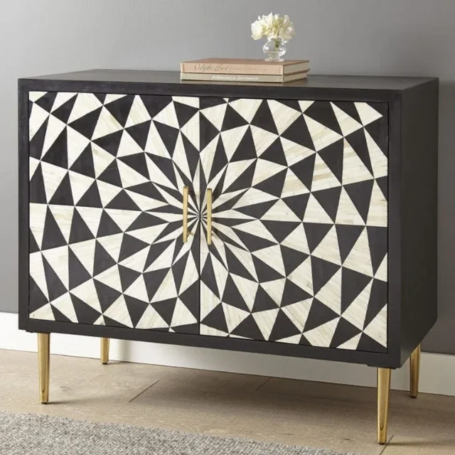 Bone Inlay Illusion 2 Door Cabinet Black Living Room Home Furniture Bone Inlay Chest For Luxury Interiors Chest Of Drawer USA UK