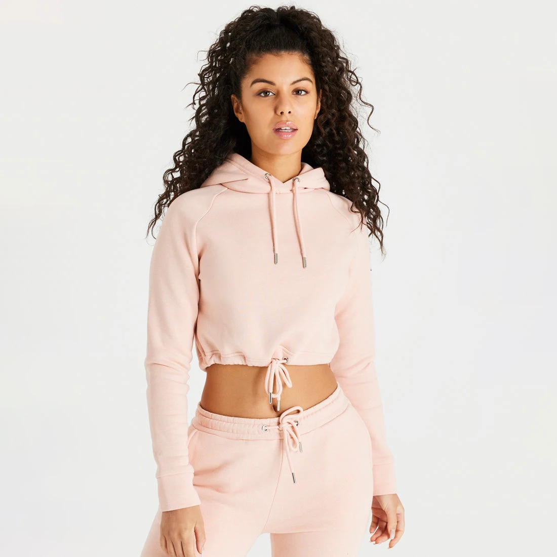 New Style Casual Wear Ladies Sweatshirts Full Oversized Sleeves Matching Drawstring Crop Hoodie For Women