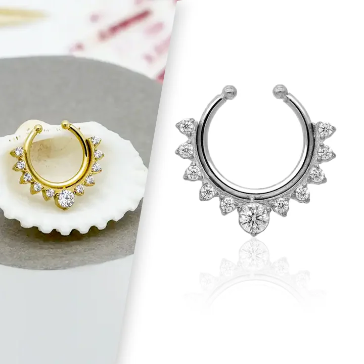 18G Clear CZ Gems G23 Titanium Nose Piercing Jewelry Fake Nose Ring Clip on Septum