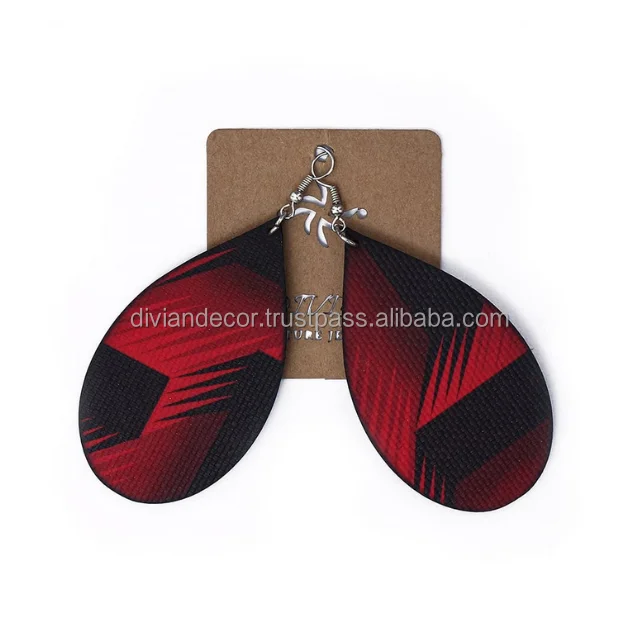Hoop Tear Drop Earrings Red Color PU Leather Jewelry Model For Women Girls Custom Logo PU Leather Hot Selling Earring For Sale