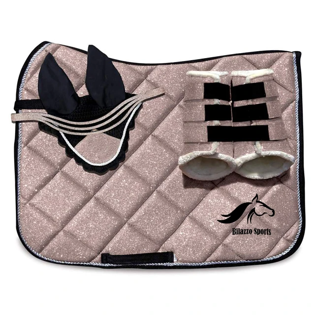 HORSE ENGLISH COTTON SADDLE PAD WITH MATCHING BELL BOOT TENDON BOOT & FLY VEILS MATCHING SET CUSTOMIZATION ACCEPTED