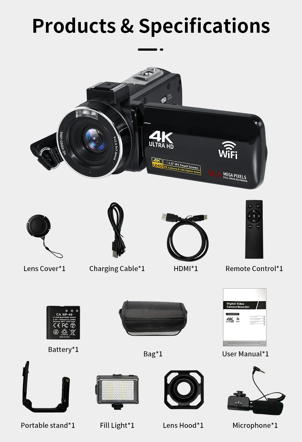 4K Video Camera Camcorder 56MP UHD WiFi IR Night Vision Vlogging Camera for YouTube  Touch Screen Camera Recorder
