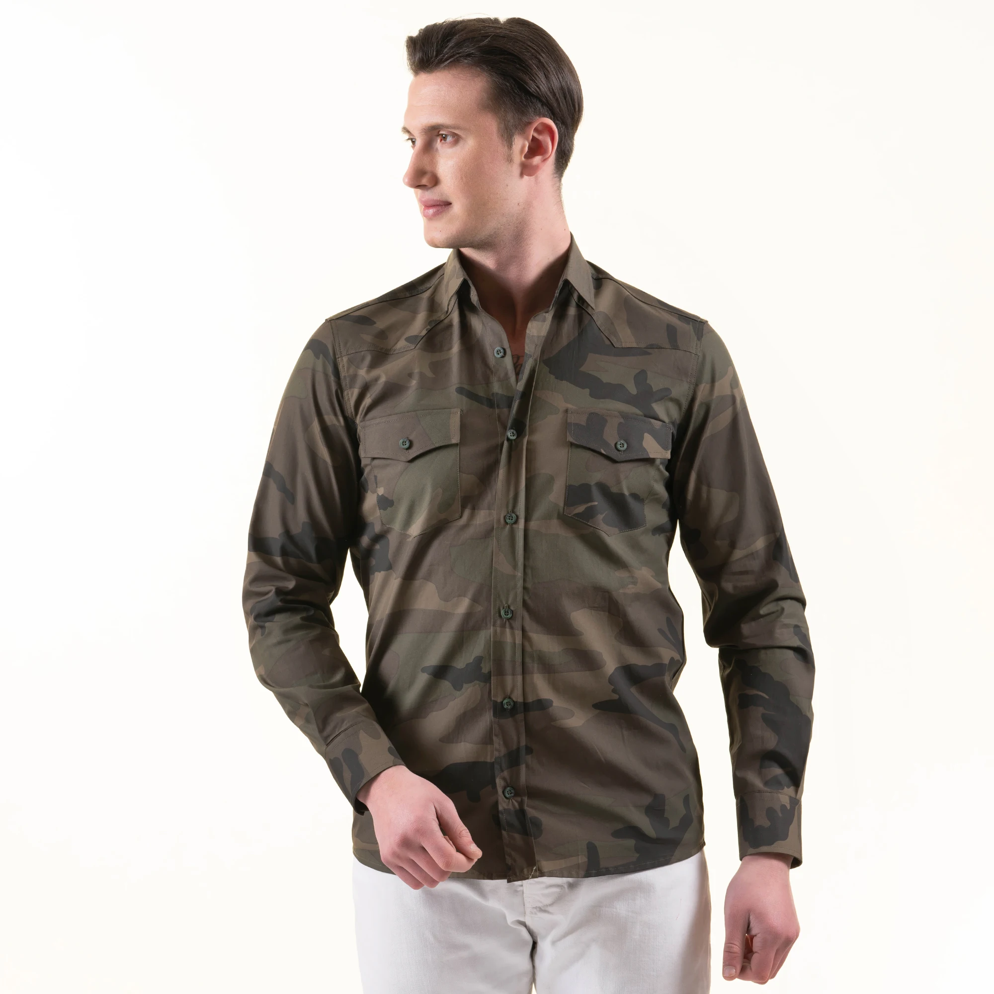 Men Casual Long Sleeve Camouflage Shirts Outdoor Lapel Button Khaki Green Cotton Male Shirt with Pocket made in istanbul