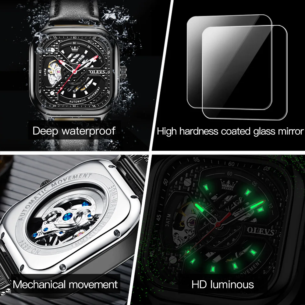 Custom High Quality Skeleton Square Watches Black Leather Watch Strap Automatic Mechanical Men Sports Watches