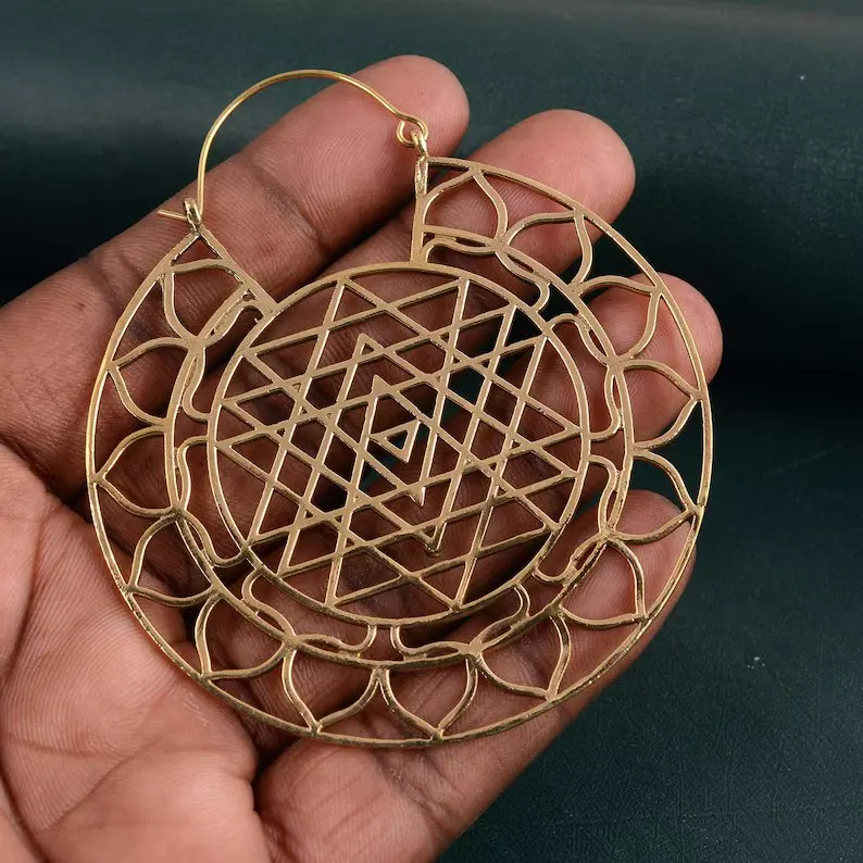 Sri Yantra Big Gold Hoop Earrings Brass Sacred Geometry with Tribal Design Huge Creole Gypsy Hoops for Fashion Jewelry
