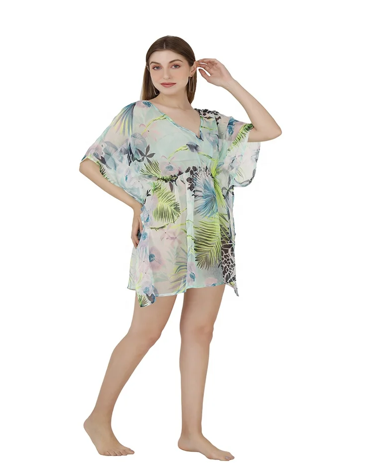Latest design 100% poly-chiffon v-neckline short printed dress swim beach bikini cover-up swimwear beachwear 2023 caftan