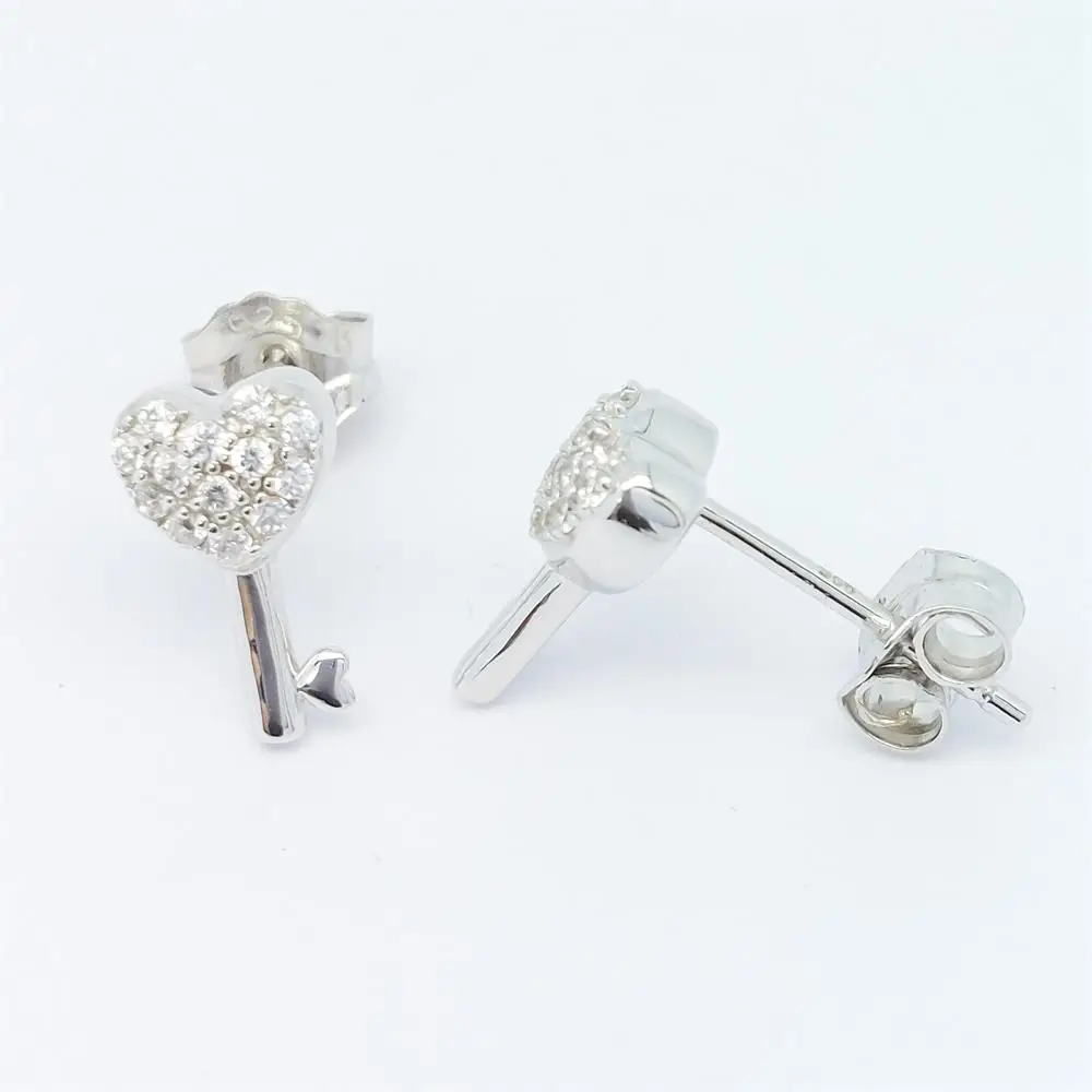 Wholesale Factory Price Dainty Jewelry 925 Sterling Silver Heart Key Earrings Fashion Zircon Jewelry