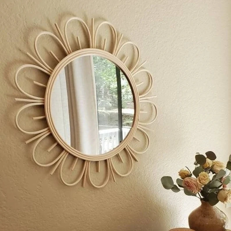 Elegant Rattan Mirror Frame With Intricate Weaving For Hallway Accent