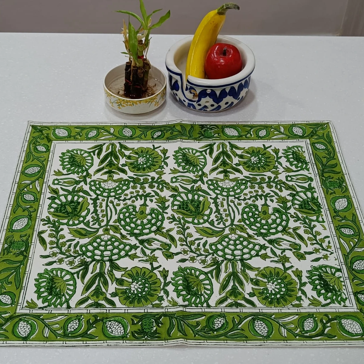 Top Quality Real Hand Block Printed Greca Table Placemat and Napkin Set of 6pcs 100% Cotton 13'x19' / 18'x18'