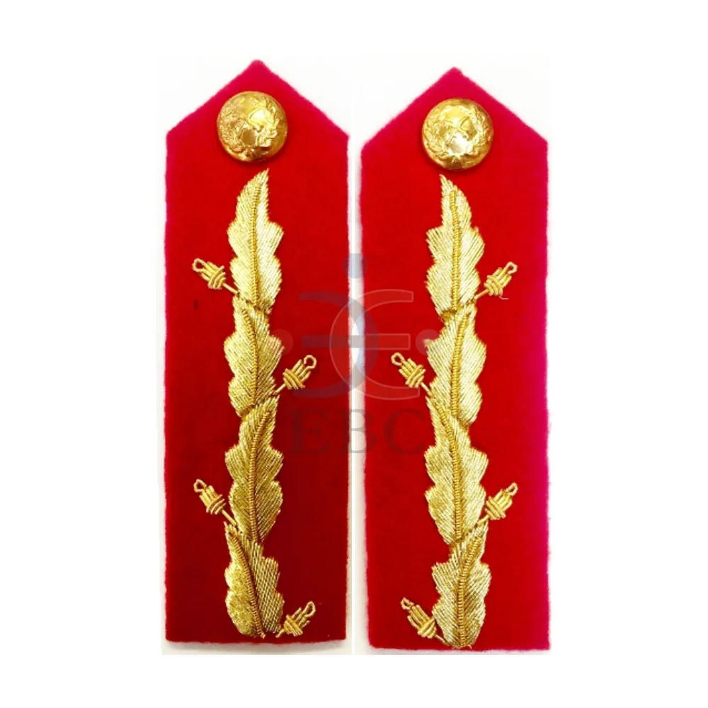 High Quality Service Officers Gorget Patches 4 Oak Leaves on Maroon with Gold Snap Button and Brass Clip Gold Platted