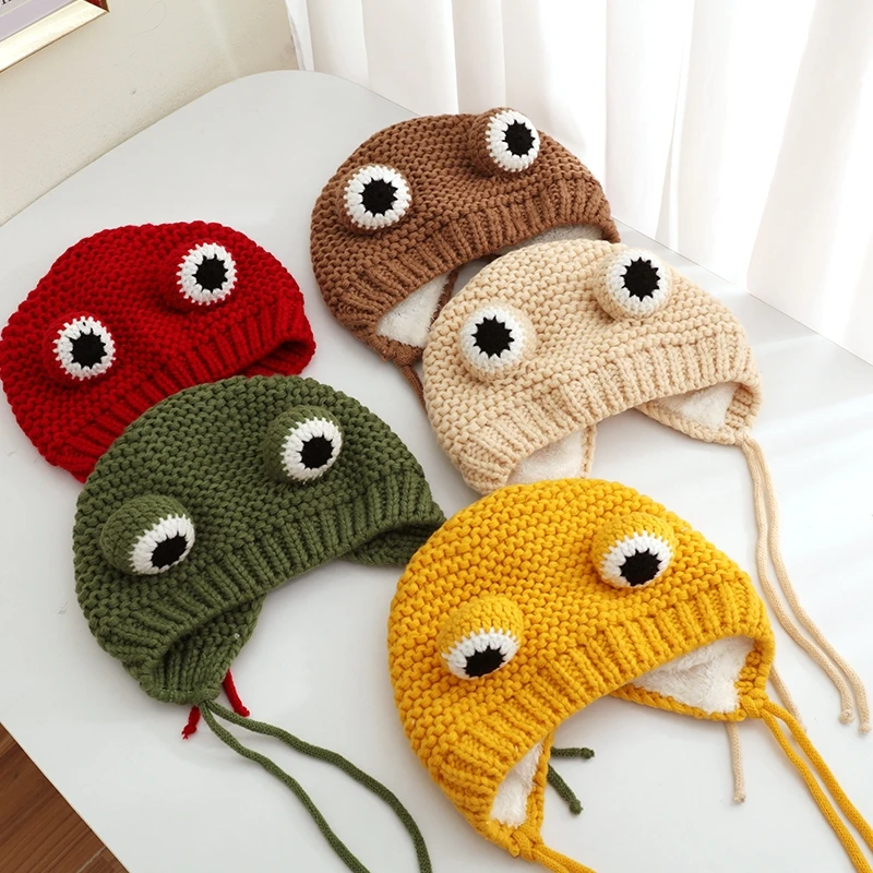 Korean Style Baby Toddler Crochet Frog Hat Small Kids Keeping Warm Earflaps Beanies Cute Animal Knitted Winter Hat