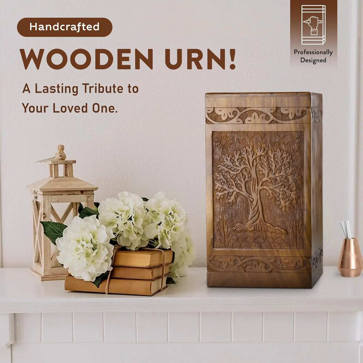 Tree of Life Carved Wooden Cremation Urn for Ashes,Adult Size Wooden Funeral Urn Burial Wholesale Supplies