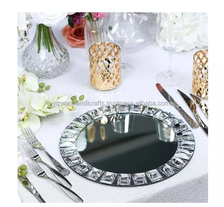 Wholesale Wedding Events Decoration Jeweled Diamond Mirror Glass Charger Plate