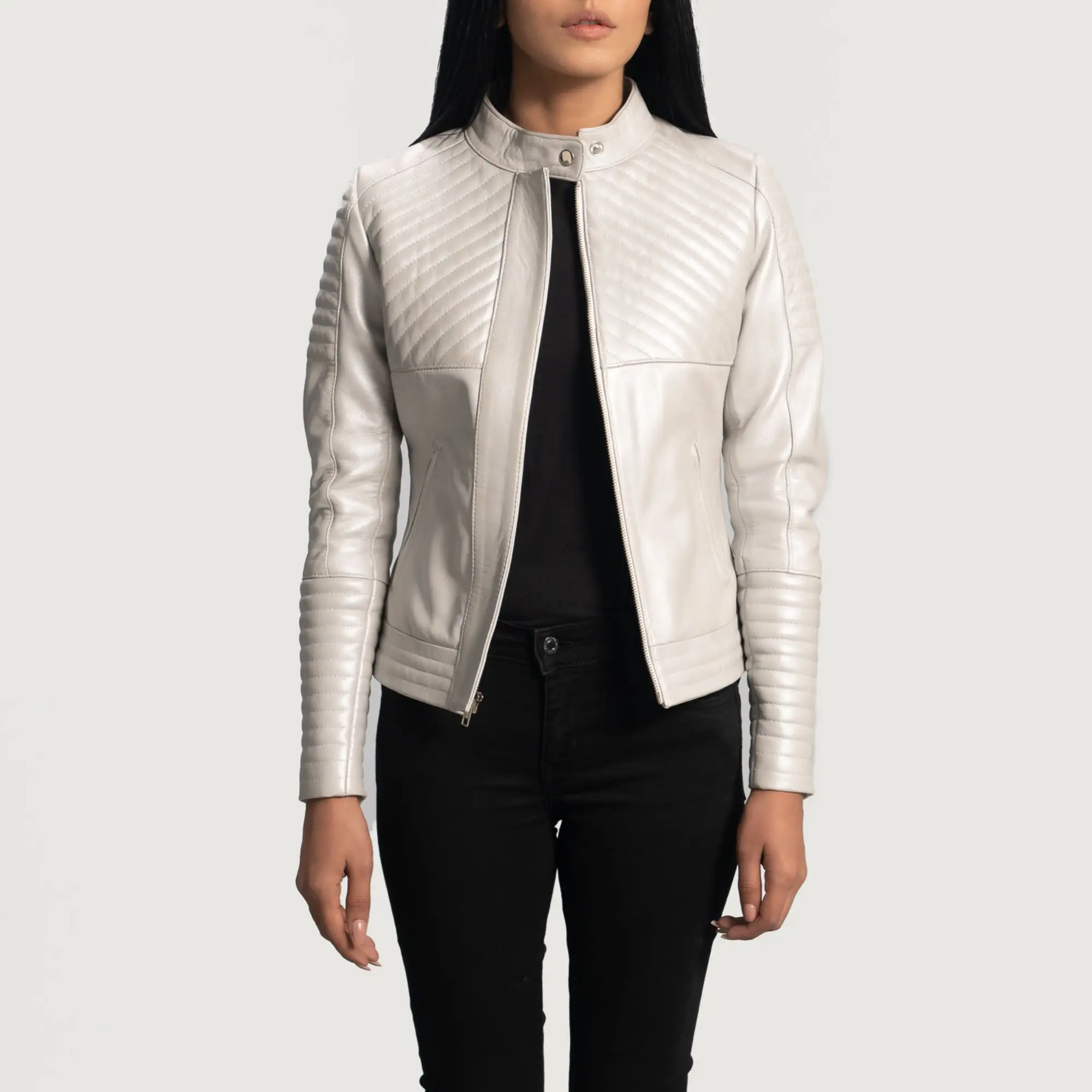 Real Leather Sheepskin Aniline Zipper Ice Maiden Silver Quilted Women Biker Jacket with Quilted Viscose Lining and Inside