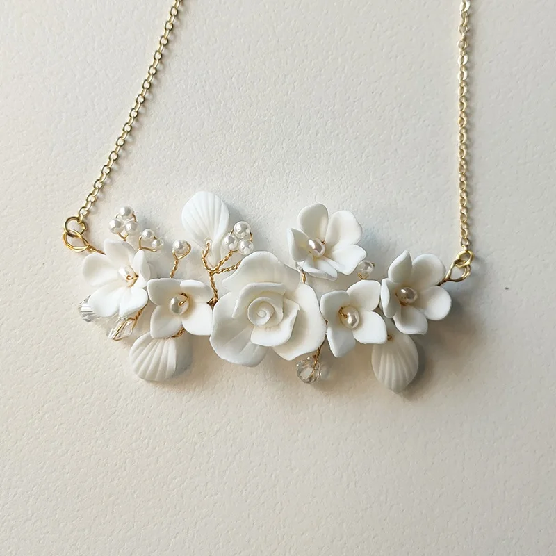 Handmade Wedding Jewelry Necklace Ceramic Flower Leaf Accessories Bridal Necklace With Porcelain Floral