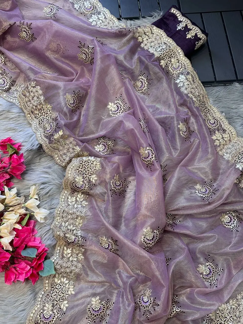 Beautiful Soft Tissue silk saree with Embroidery viscose thread work in saree, Party Wear saree, Wedding Wear Saree.