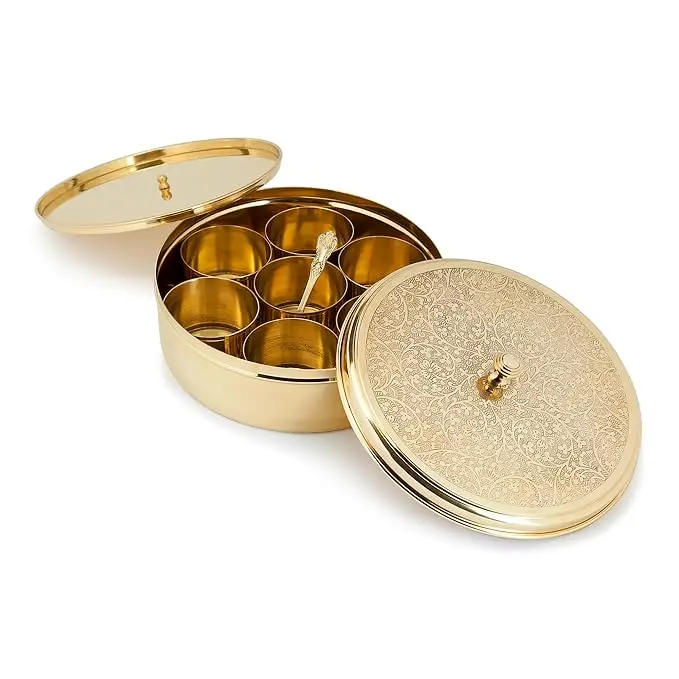 Best Quality Brass Spice Box Set For Kitchen With Spoon 7 Containers Masala Dabba For Wedding Gift At Lowest Price