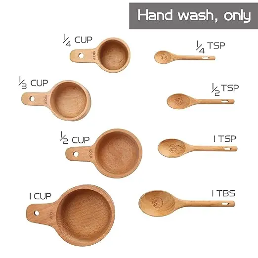 Wood Measuring Cups and Spoons Set of 8, Handcrafted with Polish Natural Wooden for Dry Ingredients Baking Cooking