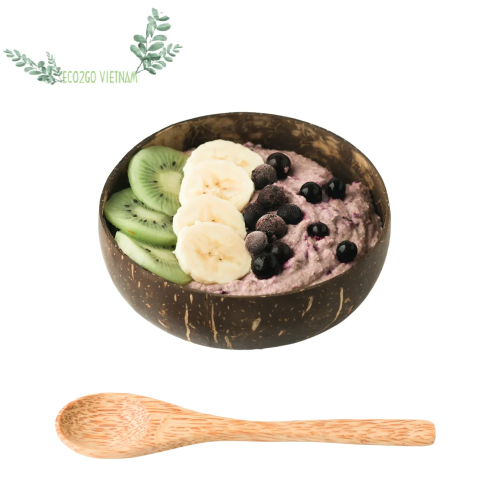 Natural Coconut Bowls & Spoons Organic Coco Shell Bowl Set Bamboo Straw for Smoothie, Acai, Salads Eco Friendly Zero Waste Gift