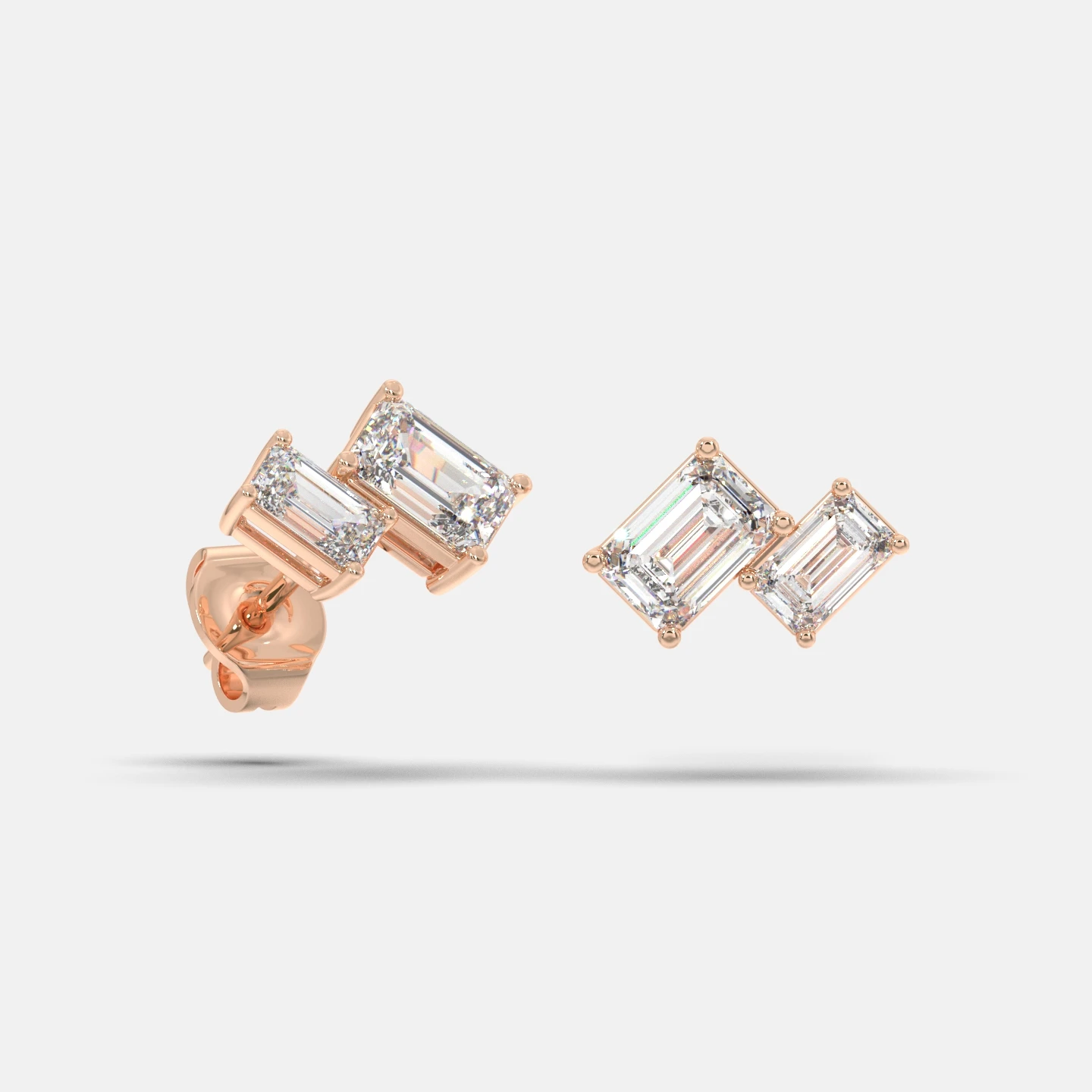 14K Solid Gold 1.50 TCW Fancy Emerald Cut CVD Diamond Stud Earrings Light Weight with Secure Push Back for Women