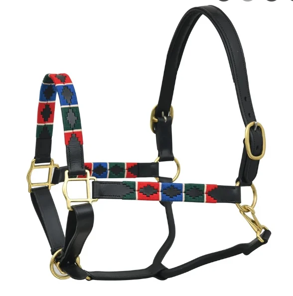 Premium Indian Leather Horse Polo Halter Red + Blue Thread Braided Design Avaliable in Wholesale Polo Halter