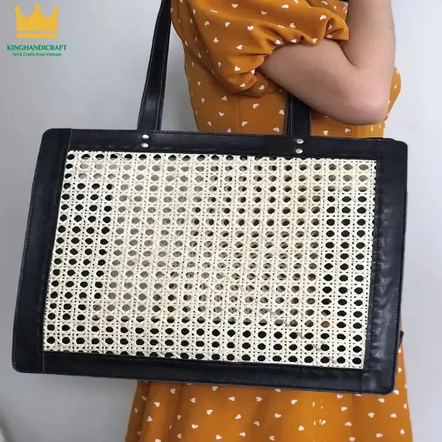 Black boho leather rattan webbing bag from Vietnam size customized