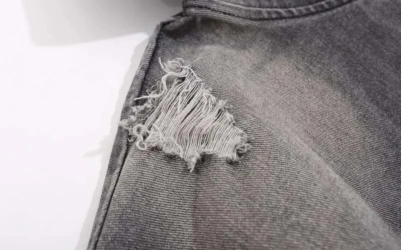 Custom Streetwear Ripped Embroidery Letter Distress Denim Jacket Hoodie Drop Shoulder Vintage Washed Denim Tears Hoodie For Men