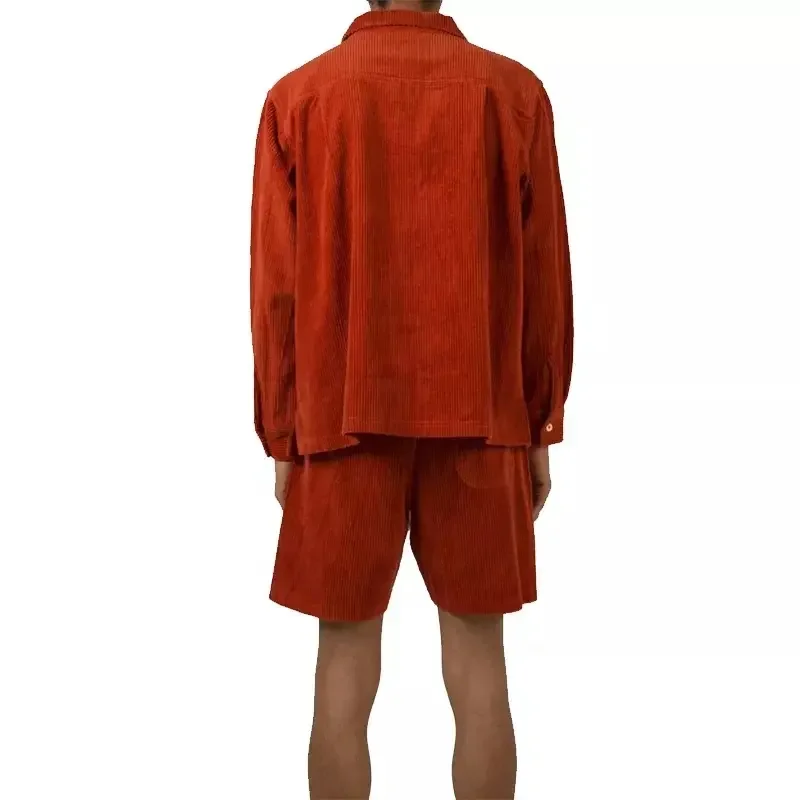 Color Block 2 Piece Set Short Sleeve Collar Shirts Shorts For Men Summer Outfit 100% Cotton Corduroy Men Shorts Set