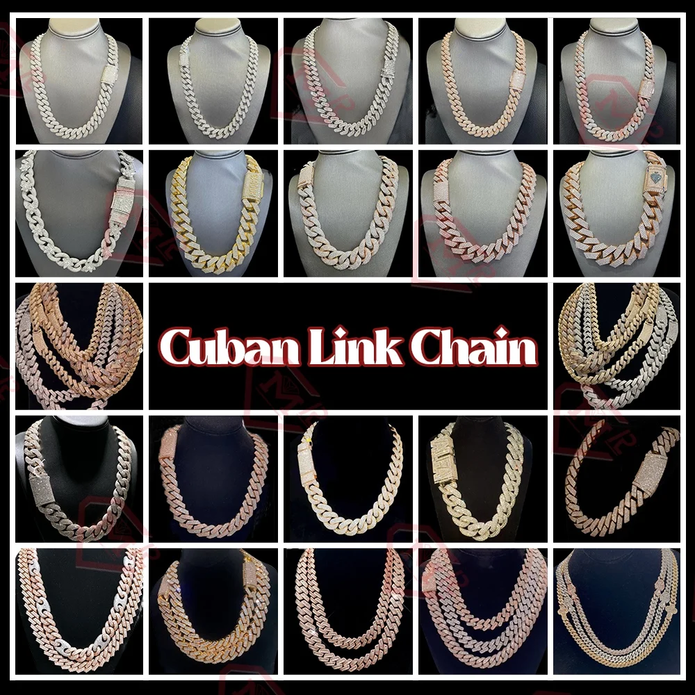 Stock Moissanite Cuban Chain 10mm 15mm 18mm 925 Silver Hiphop Iced Out Moissanite Cuban Link Chain