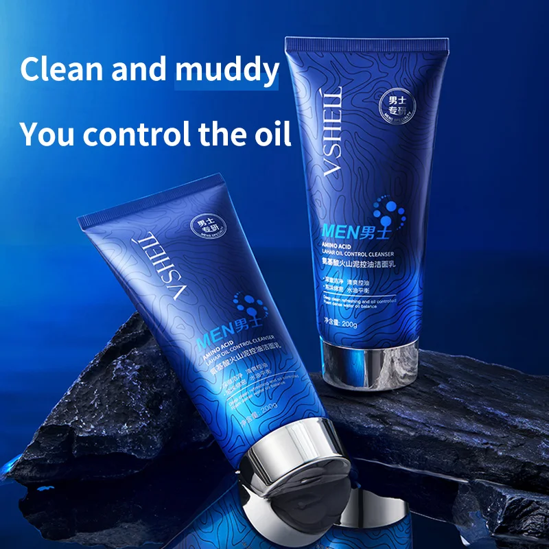 Mens Amino Acid Volcanic Mud Oil Control Face Cleanser 200ml Deep Cleansing & Pore Tightening Volcanic Mud Facial Wash for Men