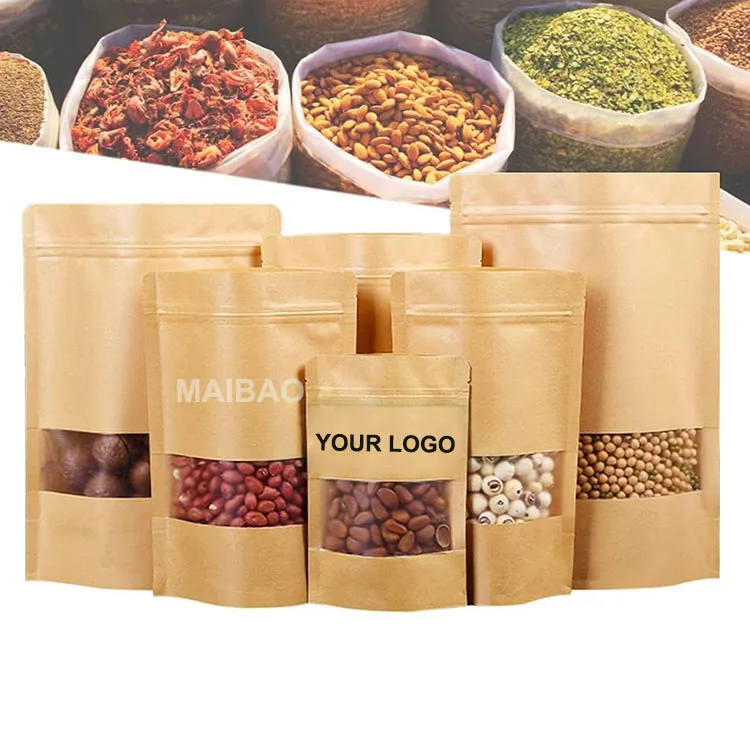 Custom Design Logo Printing Eco Friendly Resealable Zipper Stand up Food Packaging Biodegradable Brown Kraft Paper Spice Bags
