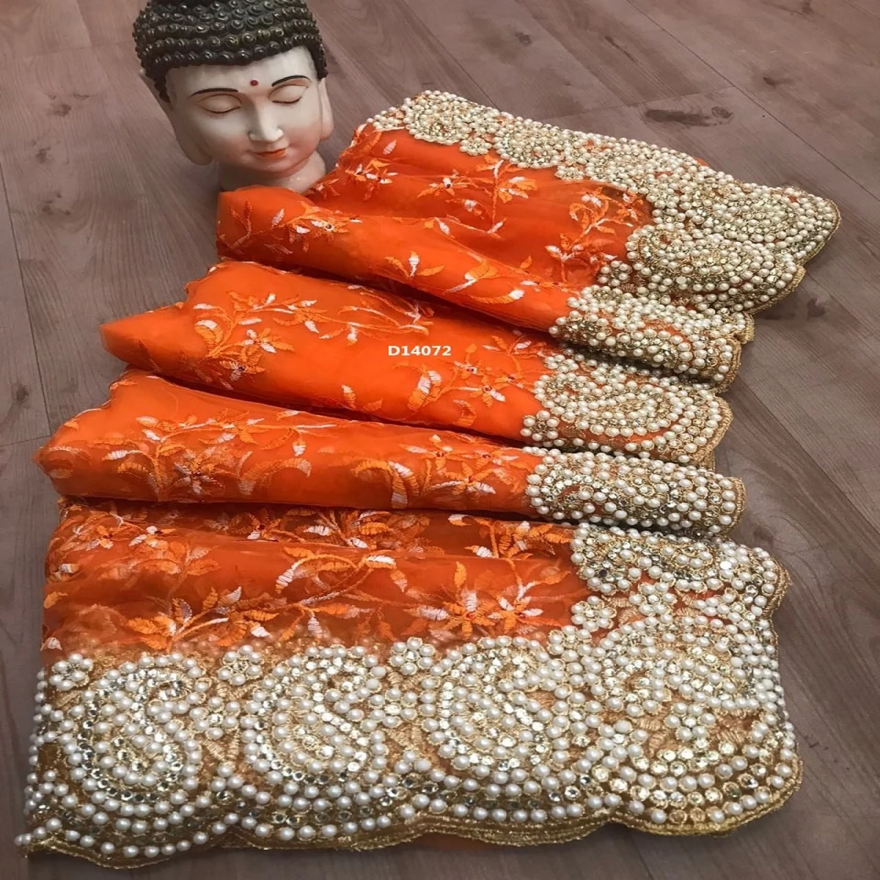 Hot selling designer embroidered net silk flower design Indian ladies wear blue color saree with blouse piece pearl work sari