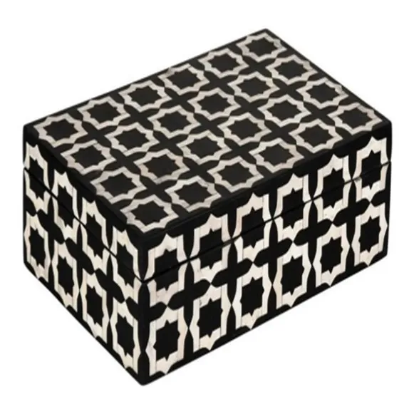 Indian Unique Round Bone With Round Lid Wooden Trending Decorative Boxes Wholesale Organiser Black and White Available Here