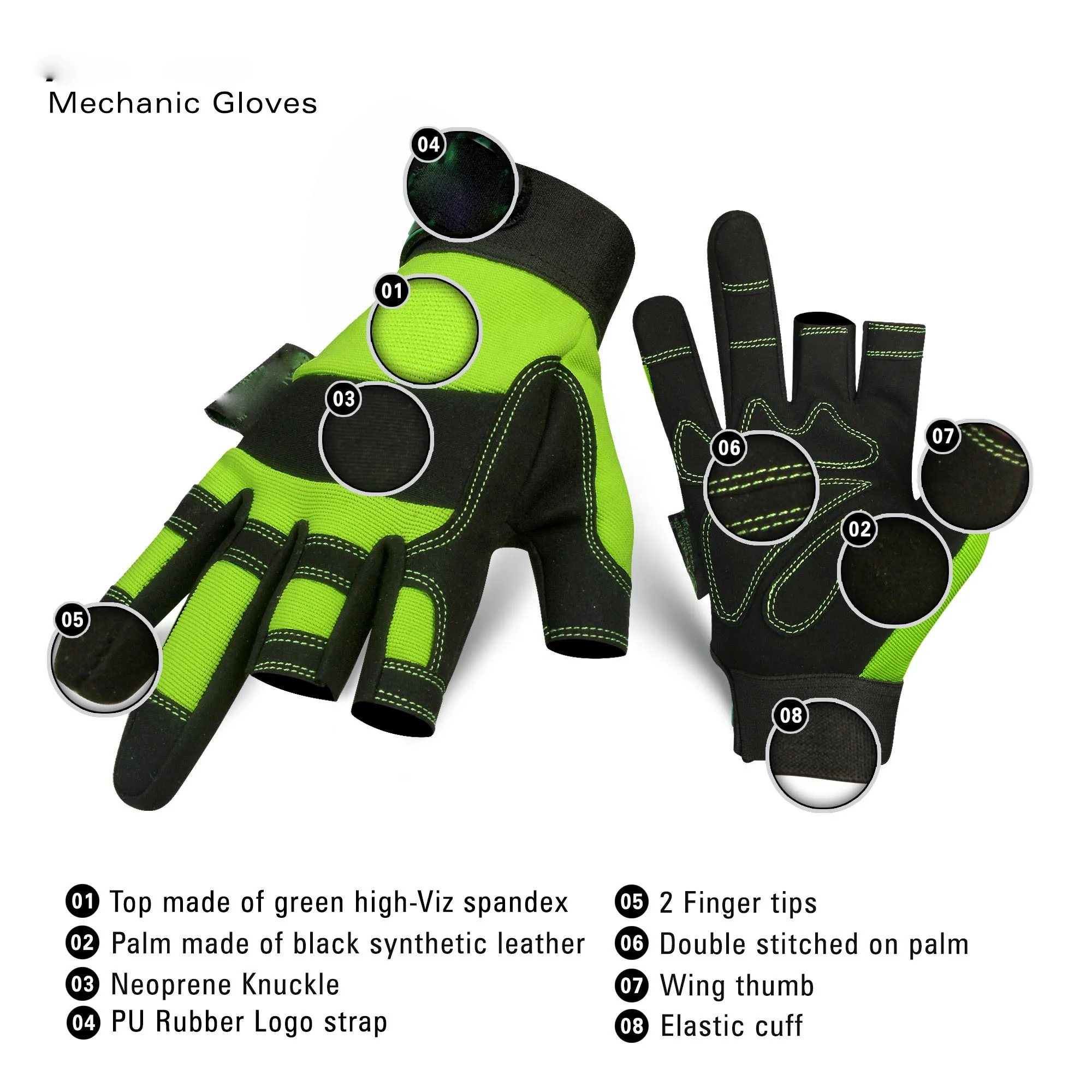 Non Slip Open Three Finger Warm Winter Working Industrial Mechanic Synthetic Leather Gloves